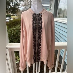 Lane Bryant rose pink sateen zip up bomber jacket black lace 18/20